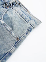TRAFZA 2024 Women's Street Fashion Denim Blue Jeans Distressed Patchwork High Waist Zipper Fly Ripped Retro Long Pants