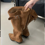Eilyken Winter Belt Buckle Pointed Toe Women Knee-High Boots Fashion Vintage Square Low Heels Ladies Shoes