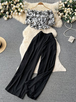 SINGREINY Fashion Two Piece Sets Women Ruffles Floral Print Shirt Elastic Waist Wide Leg Long Pants Korean Slim Summer Suit