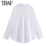 TRAF Women Fashion Spring Cotton Oxford Long Sleeve Single-breasted Lapel Blouse Street Clothing Shirt Chic Ladies Tops Mujer