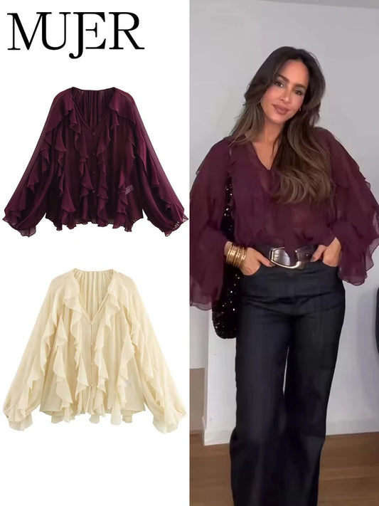 MUJER 2025 Ruffle Blouses for Women Semi Sheer Shirts and Blouses Woman Summer Casual Blouses Woman Fashion Tops Womens Blouses