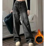 Winter Women Classic Snow Warm High Waist Jeans Girls Fleece Thermal Denim Pants Lady Baggy Straight Leg Plush Trousers