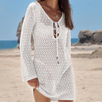 Yiiciovy Beach Cover Ups for Swimwear Women Boho Knit Bikin Mini Dress Solid Tie-Up Hollow-Out Summer Swimsuit Bathing Suit