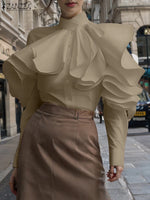 ZANZEA Elegant Women Office Blouse 2025 Fashion Ruffled Stitching Solid Shirts 3D Long Sleeve Tops Casual Loose Buttons Tunics