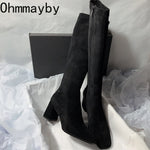 Autumn Winter Elastic Slimming Women Sock Loots Fashion Female Square Toe Thick Heel Knee High Booties