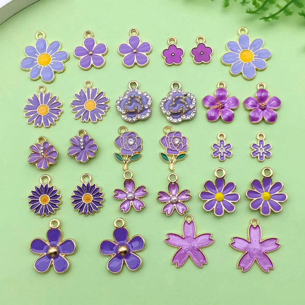 30pcs Purple Enamel Flower Charms Alloy Small Daisies, Cherry Blossoms, Rose Flower Pendants For DIY Jewelry Making Accessories