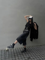 Women Black Y2k Style Baggy Denim Shorts Wide Leg Capri Pants Trendy High Waisted Dark Wash Jeans Female Casual Retro 2000s