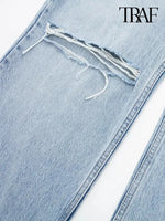 TRAF Women's Fashion Hole Decoration Jeans Blue Trousers Metal Zip Straight Leg Casual Streetwear High Waisted Jeans