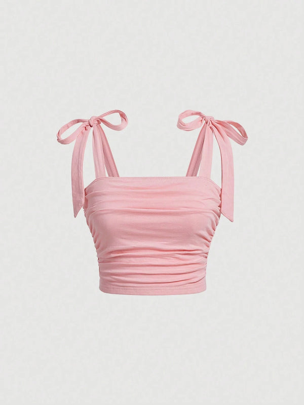 Solid Tie Shoulder Ruched Wide Strap Slim Fit Crop Top for Women Summer 2024 Y2K Clothes Pink Backless Cami Top Streetwear