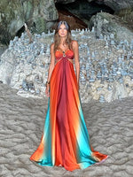 Summer New Colorful Print Beach Dress For Women Sexy Hollow Out High Waist Pleated Maxi Dresses 2025 Vocation Female Vestidos