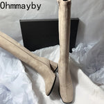 Autumn Winter Elastic Slimming Women Sock Loots Fashion Female Square Toe Thick Heel Knee High Booties