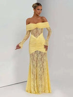 Townlike Pleated Slim Bodycon Maxi Long Dress Women Off Shoulder 2025 Autumn Winter Dress Lace Patchwork Sexy Party Dresses