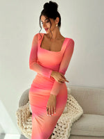 Net Red Sexy Spice Girl Square Collar Pleated Slim-fit Gradual Change Knit Dress Autumn and Winter New Hip Long Skirt