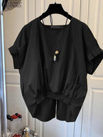 ZANZEA Women Fashion Shirring Hem Blouses 2024 Summer O Neck Short Sleeve Casual Blusas Mujer Stylish Slit Back Solid Shirt Tops