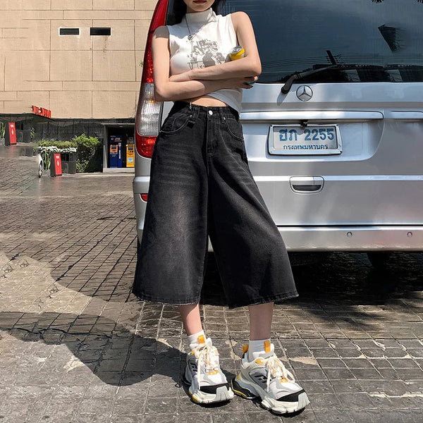Denim Straight Buttoned High Waist Streetwear Wide Leg Jeans Vintage Blue Jeans Long Pants Y2k Work Summer Blue Jeans Capris
