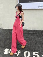Rose Pink Straight Jeans Retro Casual Wide Leg Loose Women Denim Jumpsuit 2023 Spring Korean Style Overalls