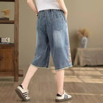 Embroidery New Chinese Style Denim Culottes for Women Summer Thin Style New High Waist Loose Casual Wide Leg Pants