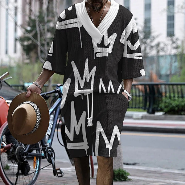 American classic white crown print conventional jacquard loose street personality trend men's V-neck off shoulder casual short-s