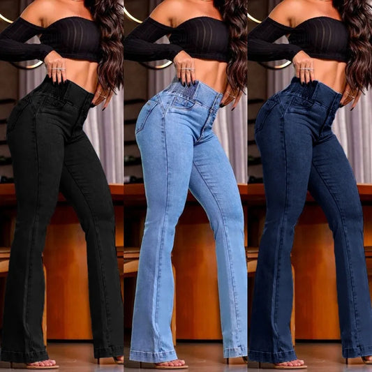 Jeans Women Flare Pants Strecth High Waist Washed Distressed Skinny Vintage Pockets Buttons Trousers 2025 Streetwear Denims