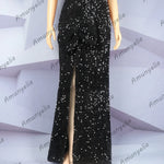 2023 African-American Evening dress Black sequin round neck puffed sleeve high slit floor-length fishtail dress