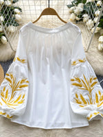 Neploe Vintage Heavy Ethnic Style Panelled Shirt Lace Up O Neck Embroidery Lantern Blouses Western Loose Casual All-match Blusas