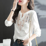 Women Spring Autumn White Blouses Tops Lady Casual Embroidery V-Neck Long Sleeve Vintage Loose Blusas Top DF4272