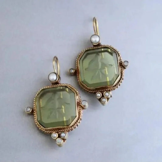 2024 New Vintage Trend Green Color Square Shape Inlay Pearls Dangle Earrings For Women Party Birthday Fashion Custom Jewelry