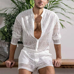 Mens Fashion Set Summer New Hollow Out Sexy Lace Shorts Pattern Print Shirt Two Piece Suits Trendy Elegant Beach Clothes Outfits