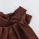 TRAF Halter Satin Long Dress Women Tied Backless Brown Midi Dress Summer Off Shoulder Party Dresses Pleated Evening Dress