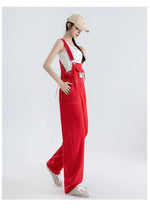 Jumpsuits Women Streetwear Red Denim Overalls Vintage Loose Casual Wide Leg Pants High Waist Strap Straight Jeans Trousers New