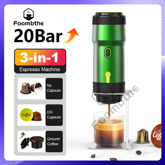 Foombthe Electric Portable Coffee Machine Italian Espresso Machine for Car & Home 3-in-1 Capsule Powder Travel Coffee Maker