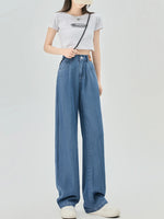 Summer Jeans Women Ice Silk High Waist Blue Loose Korean Fashion Simple Leisure All-match Daily Wide Leg Stylish Trendy Chic