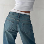Women Y2K Low Rise Baggy Jeans Retro Aesthetic Loose Fit Boyfriend Straight Wide Leg Jeans Trendy Stretch Long Denim Pants