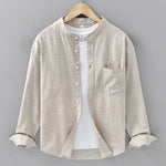 Cotton Linen Shirt  Japanese Style Mandarin Collar Long Sleeve Casual Loose Fit Button-Up Shirt Men's Retro Camping Fishing
