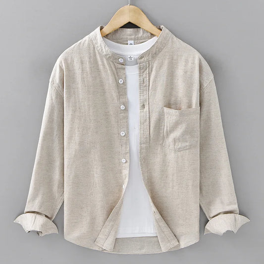 Cotton Linen Shirt  Japanese Style Mandarin Collar Long Sleeve Casual Loose Fit Button-Up Shirt Men's Retro Camping Fishing
