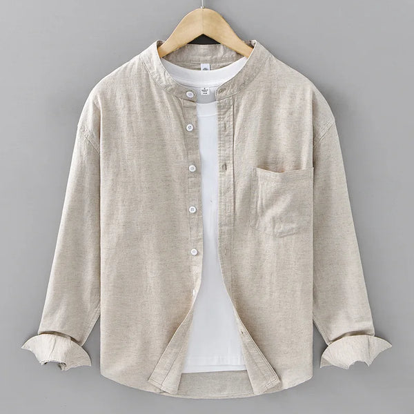 Cotton Linen Shirt  Japanese Style Mandarin Collar Long Sleeve Casual Loose Fit Button-Up Shirt Men's Retro Camping Fishing