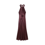 TRZA-Women's Long Satin Halter Dress, Backless, Bow Tied, Back Zipper, Female Dresses, Sexy Fashion