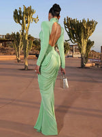 Weird Puss Autumn New Style Maxi Dress Women Turtleneck Full Sleeve Backless Skinny Stretch  Prom Party Ruched Elegant Vestidos