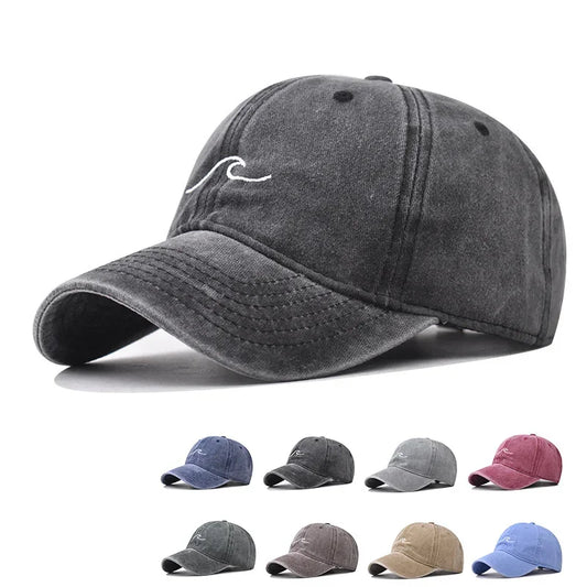 Wave Ripple Embroidery Baseball Cap Washed Cotton Dad Hats Solid Color Simple Vintage Hip Hop Hats For Women Men Snapback Caps