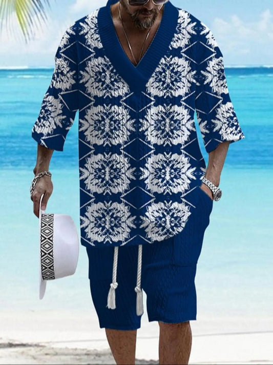 Men's Printed Casual Loose V Neck Luxury Textured Jacquard Fabric Half-Sleeved T-Shirt and Shorts Two-Piece Set, Fashionable Summer Men's Suit, Loose Fit, Breathable and Comfortable