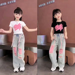 Kids Child New Jeans T-shirt 2 Pieces Clothing Set for Teen Girl High Fashion Streetwear Outfits Drawstring Pants & Tees Suit