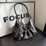 Distressed Vintage Shoulder Bags For Women Pleated Design Large Capacity Retro Hobo Bag 2024 Winter New Designer Handbags Luxury