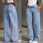 Denim Wide Leg Jeans High waisted  Bow Embroidered Pocket Wide Leg Jeans Fashionable Women's Trousers Casual Style