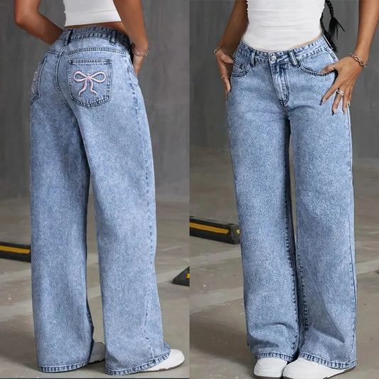 Denim Wide Leg Jeans High waisted  Bow Embroidered Pocket Wide Leg Jeans Fashionable Women's Trousers Casual Style