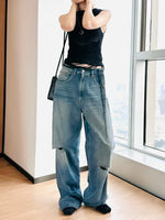 Woman Blue Denim Washed Ripped Jeans Knees Holes Fashion Trousers Frayed Hem 2025 Pants