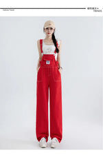 Jumpsuits Women Streetwear Red Denim Overalls Vintage Loose Casual Wide Leg Pants High Waist Strap Straight Jeans Trousers New