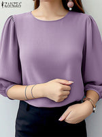 ZANZEA Elegant Women Puff Sleeve Blouses 2025 Summer 3/4 Sleeve O Neck Crinkled Texture Blusas Fashion Solid Color Tunic Tops
