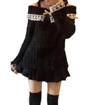 Women Off Shoulder Knit Sweater Pink Pullover Sweet Pullovers Long Sleeve Bow Lace Patchwork Jumpers Y2k Streetwear