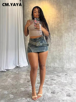 CM.YAYA 2025 Summer High Waist Denim Washed Vintage Women Shorts Skirts Belt Cargo Party Streetwear Classic A-Line Mini Shorts