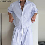 Summer Men's Sets Short Sleeve Tops Stripe Shirt Lapel Tee Loose Casual Shorts INCERUN Fashion 2PCS Suit Short Trousers Oversize